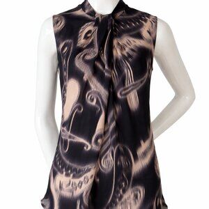Etro Silk Blouse Black Abstract Print Tie-Neck Top IT 40 Made in Italy Designer